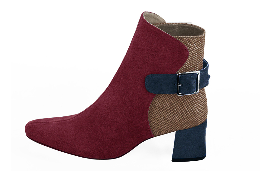 Burgundy red, caramel brown and navy blue women's ankle boots with buckles at the back. Square toe. Medium block heels. Profile view - Florence KOOIJMAN